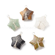 Natural & Synthetic Gemstone Pendants, with Silver Tone  Copper Wire Wrapped, Star with Tree, 36x30x12mm, Hole: 3.5mm(PALLOY-JF01635)