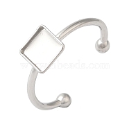 Non-Tarnish 304 Stainless Steel Open Cuff Ring Components, Pad Ring Setting, Square, Stainless Steel Color, Tray: 6x6mm, 1.5mm, Adjustable(STAS-I306-03P)