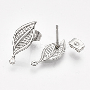 304 Stainless Steel Stud Earring Findings, with Loop and Ear Nuts/Earring Backs, Leaf, Stainless Steel Color, 19x8mm, Hole: 1mm, Pin: 0.7mm(STAS-S079-66B)