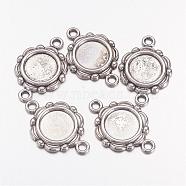Antique Silver Alloy Tibetan Style Cabochon Connector Settings, Lead Free & Nickel Free, Flat Round Tray: 10mm, Size: about 23mm long, 15mm wide, 2mm thick, hole: 2mm(X-TIBEP-0578-S-FF)