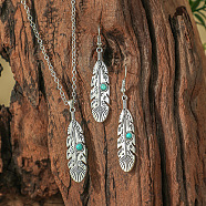 Bohemian Ethnic Style Zinc Alloy & Synthetic Turquoise Pendant Necklaces & Dangle Earrings Sets, Antique Silver, Feather, 390mm(WG7E01E-08)