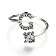 Alloy Cuff Rings, Open Rings, with Crystal Rhinestone, Platinum, Letter.G, US Size 7 1/4(17.5mm)(RJEW-I075-01P-G)