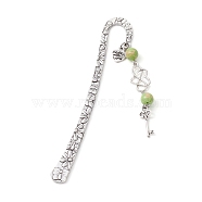 Mother's Day Key & Infinity Love Heart Pendant Bookmark with Natural Mashan Jade, Flower Pattern Tibetan Style Alloy Hook Bookmarks, 124x21x3mm, Pendant: 74x8.5x8.5mm(AJEW-JK00259-05)