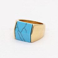 Rectangle Synthetic Turquoise Finger Ring, Golden Titanium Steel Jewelry, Golden, Inner Diameter: 19mm(FIND-PW0021-08C-G)