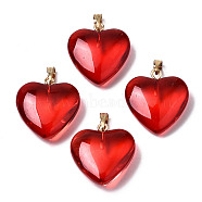 Transparent Spray Painted Glass Pendants, with Golden Plated Iron Bails, Heart, Red, 22x20.5x7mm, Hole: 6x2mm(GLAA-N035-016-F01-A)