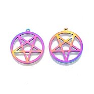 Ion Plating(IP) 201 Stainless Steel Pendants, Hollow, Ring with Star, Rainbow Color, 27x25x1.5mm, Hole: 1.4mm(STAS-N098-101M)