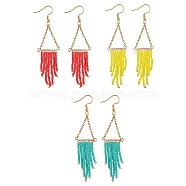 Triangle Tassel Glass Seed Braided Dangle Earrings, 304 Stainless Steel Earring for Women, Mixed Color, 81x23mm(EJEW-MZ00109)