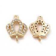 Rack Plating Brass Micro Pave Clear Cubic Zirconia Connector Charms, Long-Lasting Plated, Cadmium Free & Lead Free, Crown Links, Real 14K Gold Plated, 15x11x3mm, Hole: 1.2mm(KK-E081-05G)