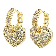 Cubic Zirconia Heart Dangle Hoop Earring, Brass Earrings for Women, Real 18K Gold Plated, 24x16mm(EJEW-A026-05G)
