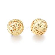 Brass Beads, Nickel Free, Round with Flower, Real 18K Gold Plated, 9mm, Hole: 1mm(KK-N231-327)