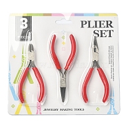 Steel Pliers Set, with Plastic Handles, including Side Cutter Pliers, Round Nose Plier, Needle Nose Wire Cutter Plier, Red, 113~126x48~52x6~10mm, 3pcs/set(TOOL-YW0001-18B)