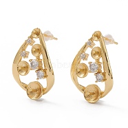 Brass Micro Pave Clear Cubic Zirconia Earrings, with Steel Pin and Plastic Ear Nuts, for Half Drill Beads, Long-Lasting Plated, Real 18K Gold Plated, 25x18x5mm, Pin: 0.8mm, tray: 3~3.5mm, pin: 1mm(for half drill Beads)(EJEW-A056-41G)