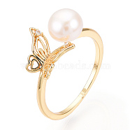 Natural Pearl Open Cuff  Ring Micro Pave Clear Cubic Zirconia, Brass Finger Rings, Butterfly, Real 18K Gold Plated, US Size 6 3/4(17.1mm)(PEAR-N022-C06)