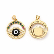 Rack Plating Brass Micro Pave Colorful Cubic Zirconia Pendants, with Handmade Evil Eye Lampwork, Cadmium Free & Lead Free, Long-Lasting Real 18K Gold Plated, Flat Round with Eye Charm, Black, 23.5x21x3.5~4mm, Hole: 4.5x3.5mm(LAMP-A153-05G-02)