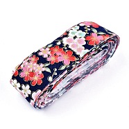 Japanese Kimono Style Floral Cotton Ribbon, Single Printed, for DIY Hair Bow, Headwear, Handmade Trim, Prussian Blue, 1-1/2 inch(40mm), about 10yards/roll(9.14m/roll)(OCOR-I008-01B-06)