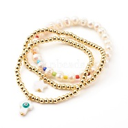 Stretch Bracelets, with Natural Cultured Freshwater Pearls, Glass Seed Beads and Freshwater Shell Beads, Brass Beads, Real 18K Gold Plated, Inner Diameter: 2-1/8~2-5/8 inch(5.3~6.8cm), 3pcs/set(BJEW-JB06267-01)