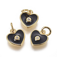 Brass Micro Pave Cubic Zirconia Pendants, with Enamel, Heart, Golden, Black, 10x9x2mm, Hole: 3mm(ZIRC-I026-06G-D)