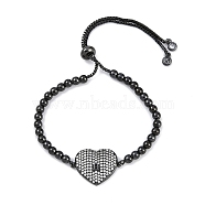 Rack Plating Brass Micro Pave Cubic Zirconia Silder Bracelets, Cadmium Free & Lead Free, Long-Lasting Plated, Heart, Black, Inner Diameter: 2-1/8~2-7/8 inch(5.3~7.3cm)(BJEW-P341-03EB)