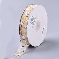 Flower Pattern Printed Polyester Organza Ribbons, PeachPuff, 1 inch(25mm), about 100yards/roll(ORIB-Q034-03)