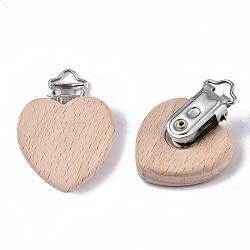 Beech Wood Baby Pacifier Holder Clips, with Iron Clips, Heart, Platinum, BurlyWood, 48x38x18.5mm, Hole: 3.5x6mm(X-WOOD-T015-01)