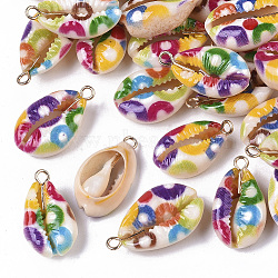 Printed Natural Cowrie Shell Pendants, with Golden Plated Brass Loop, Flower Pattern, Colorful, 19~23x11~13x6.5~7.5mm, Hole: 2mm(X-SSHEL-R047-02-B02)