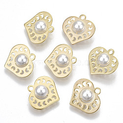 Brass Pendants, with ABS Plastic Imitation Pearl Beads, Nickel Free, Heart, Real 18K Gold Plated, Creamy White, 15x16x6mm, Hole: 1.6mm(KK-N233-067-NF)