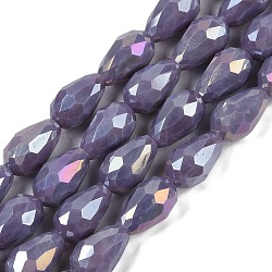 Opaque Solid Color Electroplate Glass Beads Strands, AB Color Plated, Faceted, Teardrop, Slate Blue, 15x10mm, Hole: 1.6mm, about 46~48pcs/strand, 27.95 inch(71cm)(EGLA-N013-P10mm-B09)