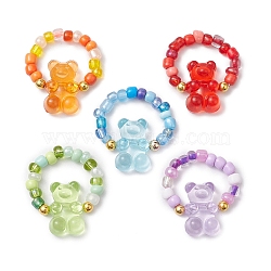 5Pcs Glass Seed Beads Stretch Rings, with Acrylic Bear Beads, Mixed Color, Inner Diameter: 18mm(RJEW-JR00789-S)