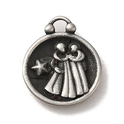 304 Stainless Steel Pendants, Flat Round with Constellations Charm, Antique Silver, Gemini, 20.5x17x3mm, Hole: 2.5x2mm(STAS-L022-306AS-03)
