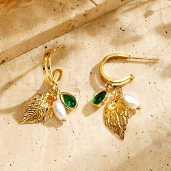 304 Stainless Steel Stud Earrings for Women, with Dark Green Cubic Zirconia and Plastic Imitation Pearl, Leaf, Golden, 36x10mm(EJEW-Z065-01G)