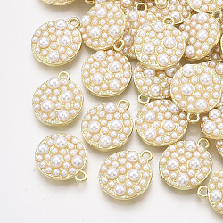 ABS Plastic Imitation Pearl Pendants, with Alloy Findings, Flat Round, Light Gold, 18x15x5mm, Hole: 1.8mm(X-PALLOY-T071-007)