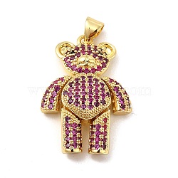 Brass Micro Pave Cubic Zirconia Pendants, Bear Charm, Mechanical Charm, Golden, Medium Violet Red, 26.5x18x7mm, Hole: 4x3mm(KK-E077-01G-03)