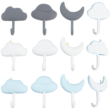 3 Sets 3 Colors Sky Theme Cloud & Moon Shape Traceless Adhesive Wall Hooks, ABS & PVC Sticky Hook Hanger, Mixed Color, 75~81x55.5~61x25.5~26mm, 3pcs/set, 1 set/color