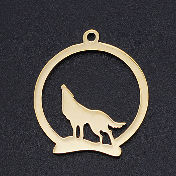 201 Stainless Steel Pendants, Ring with Wolf, Golden, 23x20x1mm, Hole: 1.5mm
