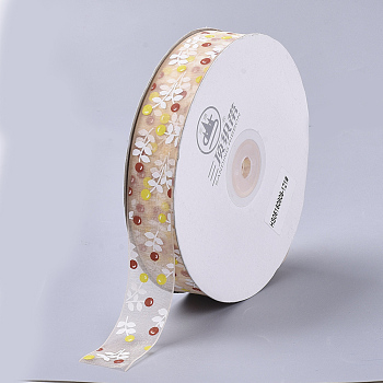 Flower Pattern Printed Polyester Organza Ribbons, PeachPuff, 1 inch(25mm), about 100yards/roll