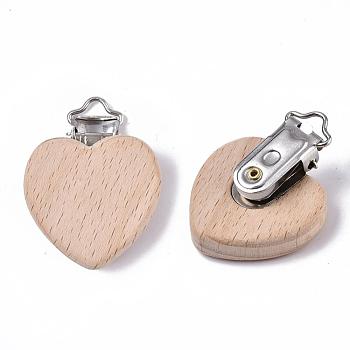 Beech Wood Baby Pacifier Holder Clips, with Iron Clips, Heart, Platinum, BurlyWood, 48x38x18.5mm, Hole: 3.5x6mm