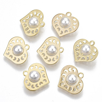 Brass Pendants, with ABS Plastic Imitation Pearl Beads, Nickel Free, Heart, Real 18K Gold Plated, Creamy White, 15x16x6mm, Hole: 1.6mm