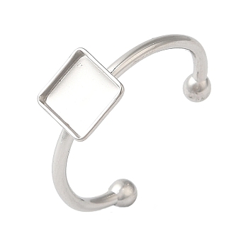 Non-Tarnish 304 Stainless Steel Open Cuff Ring Components, Pad Ring Setting, Square, Stainless Steel Color, Tray: 6x6mm, 1.5mm, Adjustable