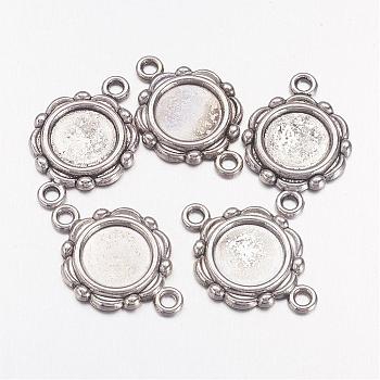 Antique Silver Alloy Tibetan Style Cabochon Connector Settings, Lead Free & Nickel Free, Flat Round Tray: 10mm, Size: about 23mm long, 15mm wide, 2mm thick, hole: 2mm