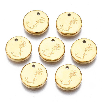 316 Surgical Stainless Steel Charms, Flat Round with Constellation, Real 14K Gold Plated, Scorpio, 10x2mm, Hole: 1mm