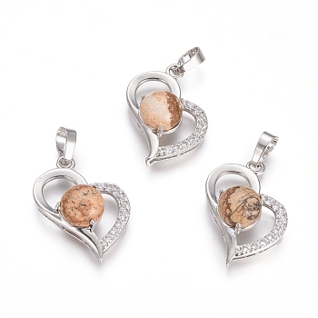 Natural Picture Jasper Pendants, with Platinum Tone Brass Findings and Crystal Rhinestone, Heart, 29x21.5x9mm, Hole: 7x3.5mm