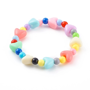 Acrylic Kids Bracelets, Stretch Beaded Bracelets, with Heart Plastic Beads, Colorful, Inner Diameter: 1-3/4 inch(4.3cm)