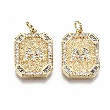 Brass Micro Pave Clear Cubic Zirconia Pendants, Nickel Free, Real 18K Gold Plated, Rounded Rectangle with Word, Letter.M, 19x14x2.5mm, Jump Ring: 5x0.7mm, 3mm inner diameter