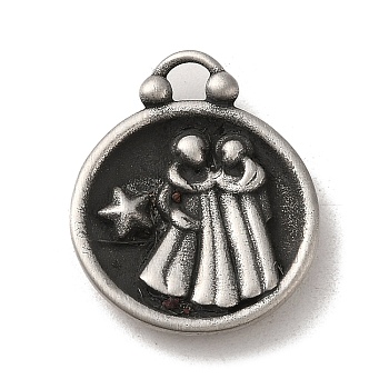 304 Stainless Steel Pendants, Flat Round with Constellations Charm, Antique Silver, Gemini, 20.5x17x3mm, Hole: 2.5x2mm