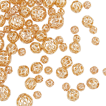 120Pcs 3 Styles Brass Hollow Beads, Long-Lasting Plated, Round, Real 14K Gold Plated, 4~8mm