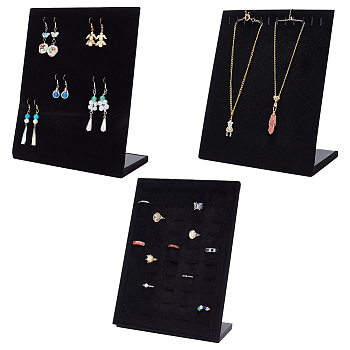 PandaHall Elite 3Pcs 3 Styles Velvet Finger Ring & Necklace & Earring Display Stands, Jewelry Display Rack, L-Shaped, Rectangle, with Imitation Pearl Head Pins, Black, 19.5~20x9.8~10.5x24.2~25.3cm, 1pcs/style