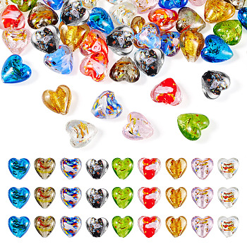 45Pcs 9 Styles Handmade Lampwork Silver Foil Glass Beads, Heart, Mixed Color, 15~16x15~16x9~10mm, Hole: 1.2mm, 5pcs/style