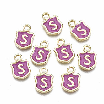 Alloy Enamel Charms, Cadmium Free & Lead Free, Shield with Initial Letters, Light Gold, Letter.S, 14x10x2mm, Hole: 2mm