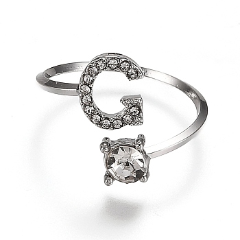Alloy Cuff Rings, Open Rings, with Crystal Rhinestone, Platinum, Letter.G, US Size 7 1/4(17.5mm)