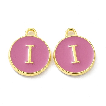 Golden Plated Alloy Enamel Charms, Cadmium Free & Lead Free, Enamelled Sequins, Flamingo, Flat Round with Letter, Letter.I, 14x12x2mm, Hole: 1.4mm